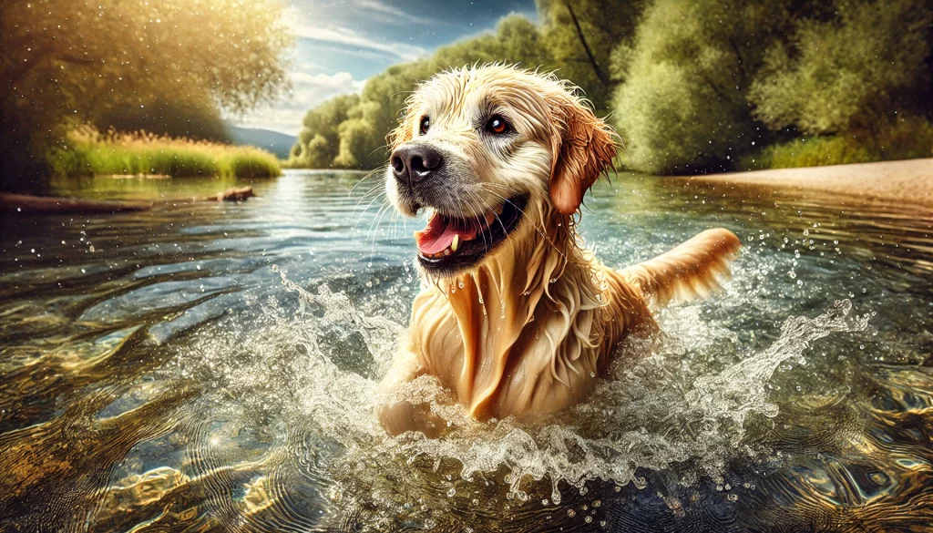 [изображение: золотистый ретривер играет в воде]