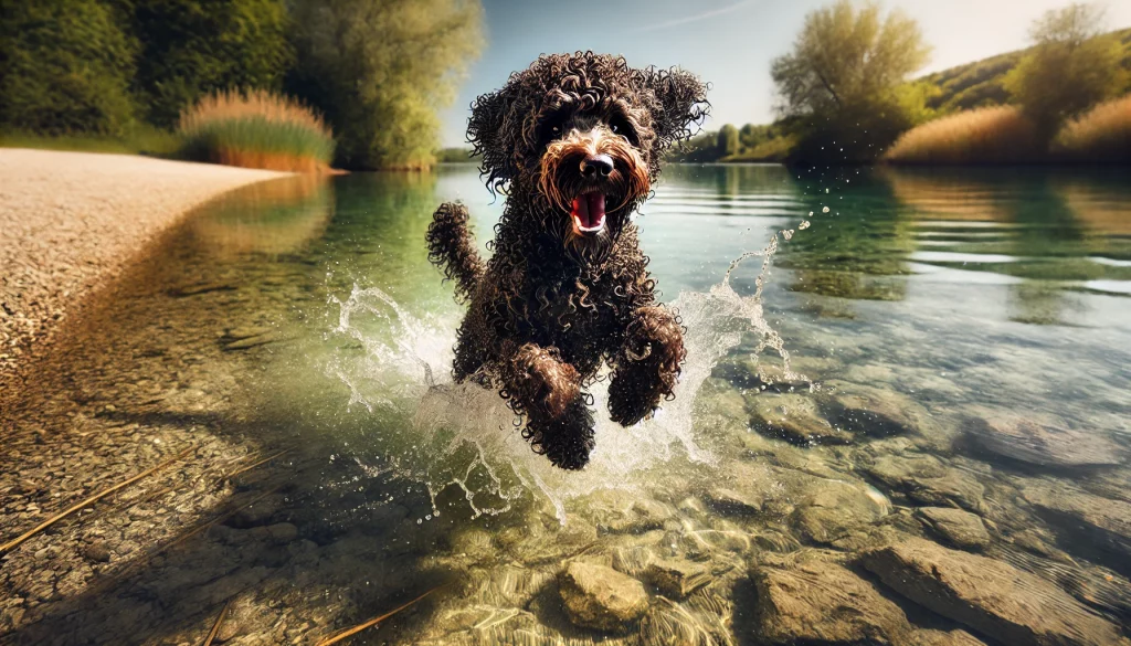 [изображение: португальская водяная собака играет в воде]
