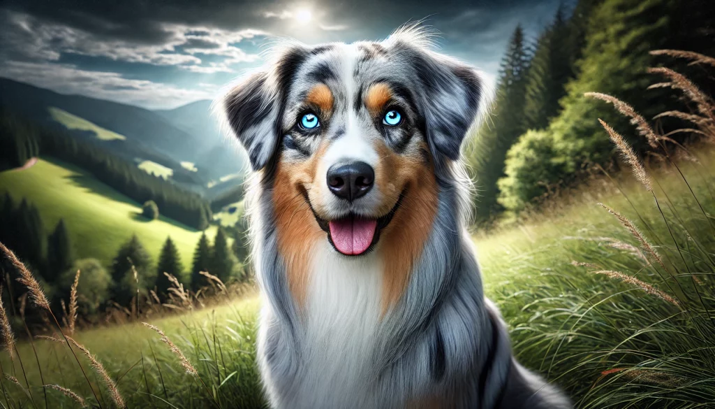 Австралийская овчарка с голубым мраморным окрасом сидит на фоне природы. Ее шерсть переливается оттенками серого, белого и черного, с четкими узорами, а глаза выразительные и яркие — один голубой, другой коричневый. Она смотрит прямо вперед, демонстрируя ум и живой характер. Вокруг собаки простирается зелёный природный ландшафт с деревьями и мягким солнечным светом, придающим изображению ощущение спокойствия и открытости.